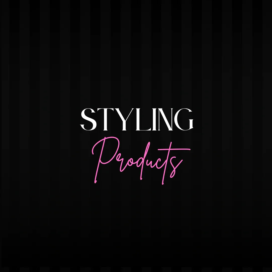 Styling products text on black striped background, hair care category banner