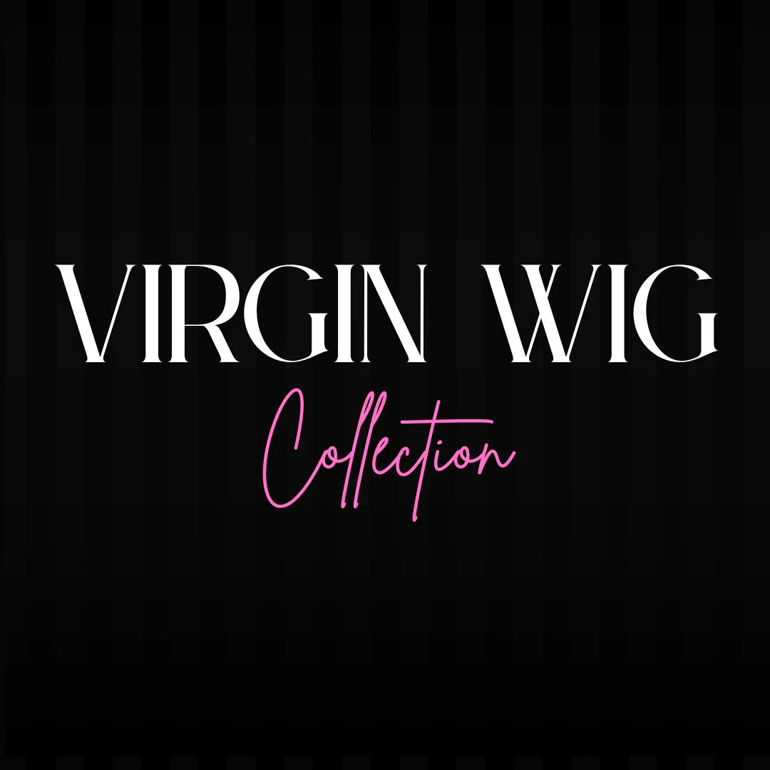 Virgin Wig Collection text on black striped background, luxury hair extensions banner
