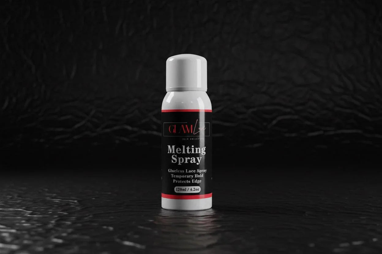 Glam Luxe Hair Collection melting spray bottle with sprayer, used for hair smoothing and hydration.