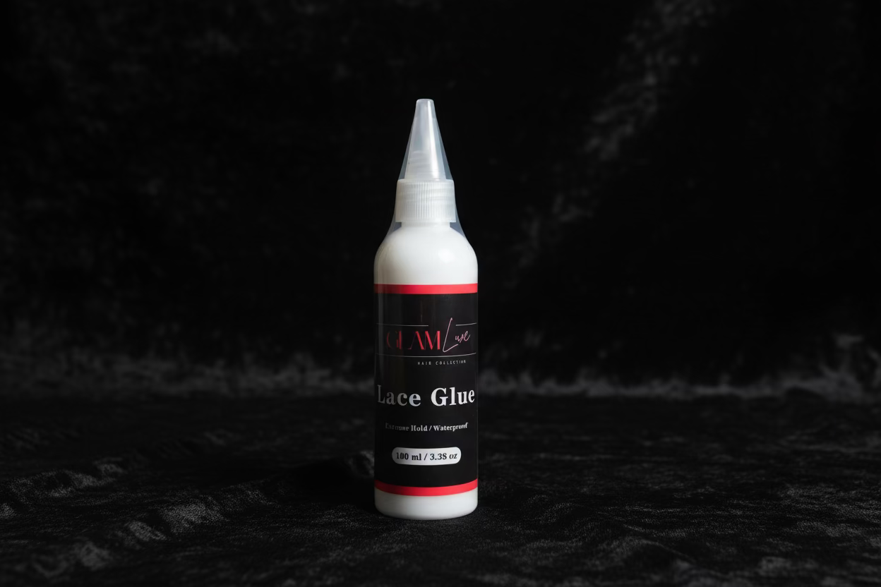 Glam Luxe Hair Collection Lace Glue in a 180 ml bottle, clear adhesive for lace wig installation and styling.
