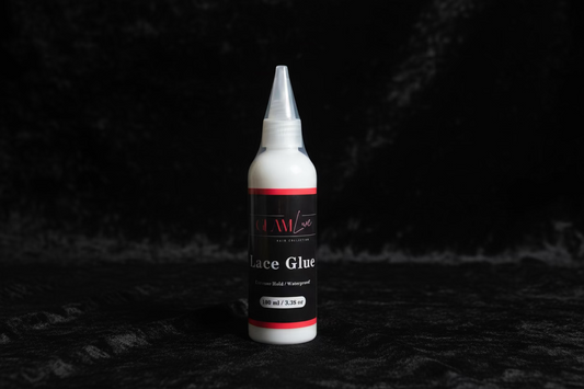Glam Luxe Hair Collection Lace Glue in a 180 ml bottle, clear adhesive for lace wig installation and styling.