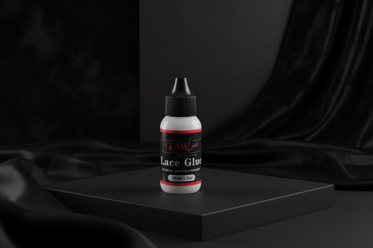 Glam Luxe Hair Collection Lace Glue in a 38ml bottle, clear adhesive for lace wigs and hair extensions, shown on a plain background.