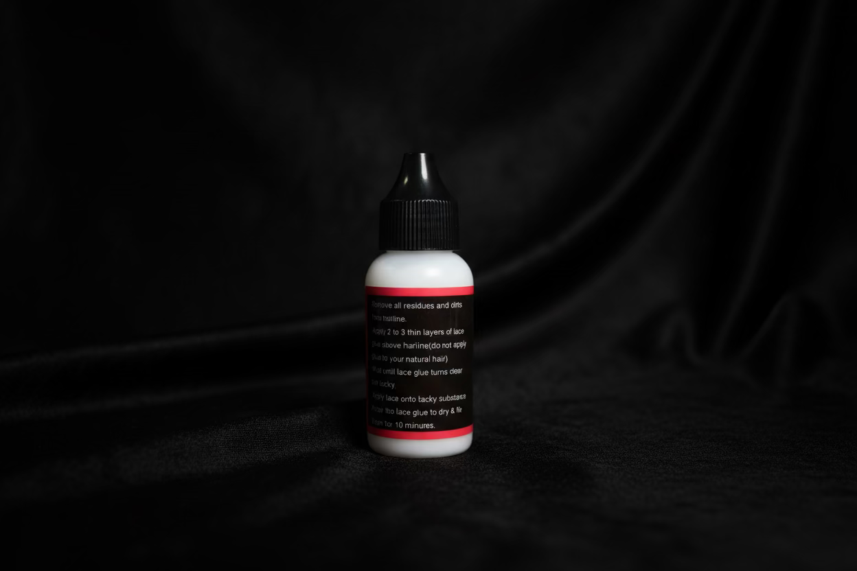 Close-up of 38ml Glam Luxe Hair Collection Lace Glue bottle, showing the clear adhesive and packaging details.